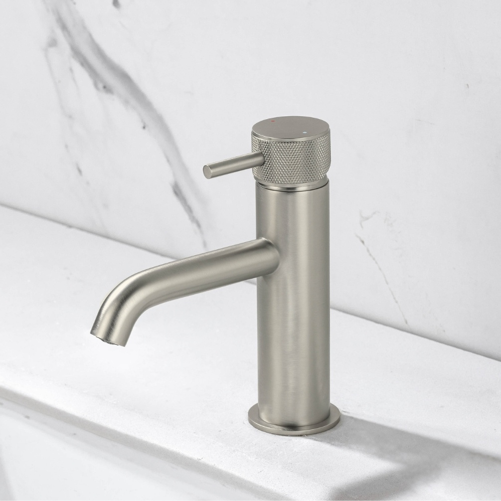 Close up product lifestyle image of the Abacus Iso Pro Brushed Nickel Mono Basin Mixer
